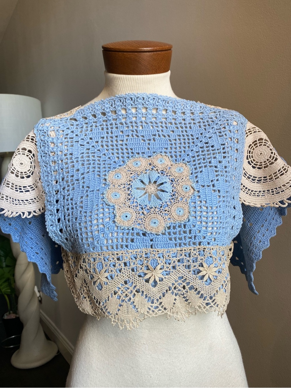 Vintage Crochet Lace Top in Light Blue and Cream Flutter Sleeves Cape Handmade